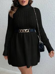 SHEIN LUNE 大碼高領麻花編織毛衣洋裝 - 黑色 - 查看 4