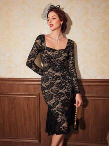 SHEIN DECDS 女款復古蕾絲美人魚洋裝適合聖誕派對 - 黑色 - 查看 2