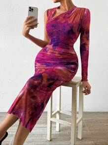 Chiquease Tie Dye Asymmetrical Neck Bodycon Dress - Multicolor - View 5