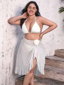 SHEIN Swim Curve 大码纯色吊带三角比基尼套装 配沙滩裙 夏季 - 米色 - 查看 3