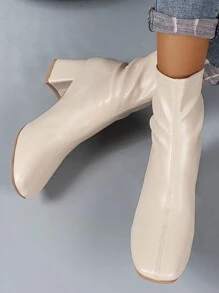 秋冬女士时尚方头粗跟后拉链靴，西部风格，米色和白色可选，白色款过膝，优雅