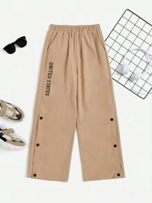 SHEIN 男大童字母圖案紐扣細節長褲 - 卡其色 - 查看 2