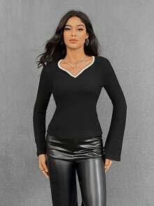 SHEIN Essnce Tương phản ràng buộc Đồ đan Ribbed Áo thun - màu đen - Xem 5