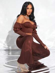 SHEIN SXY 露肩褶皺貼身短上衣 - 卡其色 - 查看 4