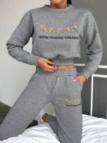 RueChic 字母花卉刺繡落肩袖衛衣和衛褲 - 灰色 - 查看 5