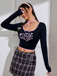 SHEIN EZwear 標語圖案繫帶領撞色滾邊短款T恤 - 黑色 - 查看 1