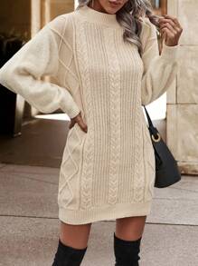 SHEIN LUNE Cable Knit Drop Shoulder Sweater Dress Without Belt - Apricot - View 3