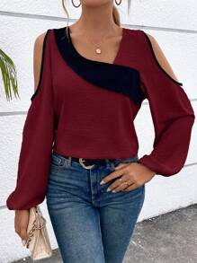SHEIN VCAY Colorblock Asymmetrical Neck Cut Out Lantern Sleeve Blouse - Burgundy - View 1