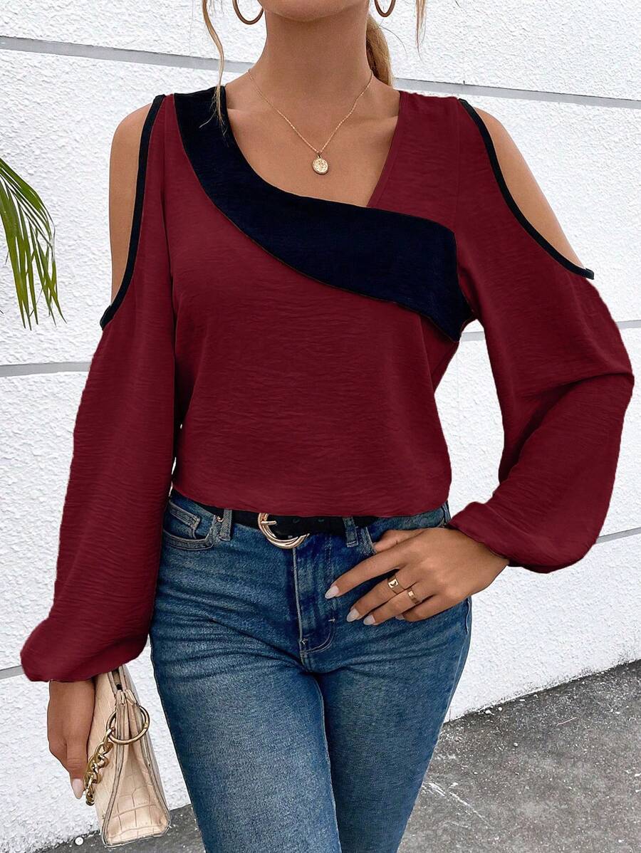 SHEIN VCAY Colorblock Asymmetrical Neck Cut Out Lantern Sleeve Blouse - Burgundy - View 1