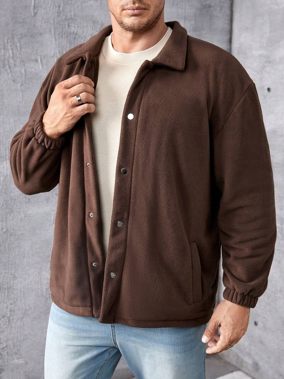Men's Plus Size Loose Fit Drop Shoulder Fleece Jacket With Slant Pockets
