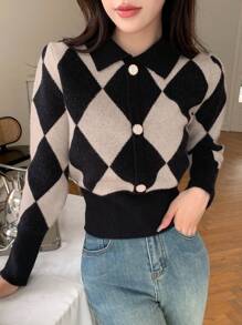 DAZY Diamond Plaid Cardigan Sweater With Front Buttons - Black - View 5
