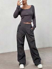 SHEIN EZwear Halve knop Crop T-shirt & Taille met trekkoord Broeken