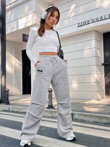 SHEIN Unity Quần nỉ thêu chữ có dây rút eo cho nữ - Màu Xám nhạt - Xem 5