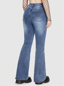 ROMWE Fairycore Floral Embroidery Flare Leg Jeans