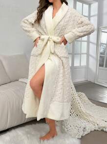 Shawl Collar Belted Cable Knit Lounge Robe, For Fall Winter, Cozy Outfit, Fluffy