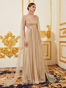 Elegant V-Neck Sleeveless Evening Gown With Sheer Organza Cape & A-Line Flowing Skirt - Sophisticated Formalwear For Red Carpet Galas, Black-Tie Dinners, Wedding Receptions, Luxury Balls, And Grand Celebrations - Champagne - View 5