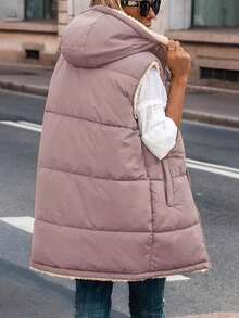 拉鏈開襟抽繩連帽羽絨背心大衣 - 藕粉色 - 查看 2