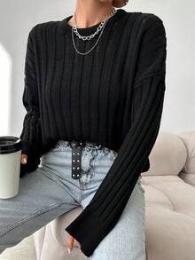 EURMUSE Drop Shoulder Ribbed Knit Sweater - Black - View 3