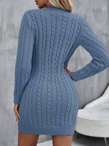 SHEIN Privé Cable Knit Sweater Dress Without Belt - Dusty Blue - View 2