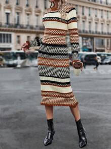 SHEIN Essnce Chevron & Hoa văn sọc Lá sen tỉa Đầm Áo len - Nhiều màu - Xem 6