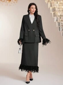 Modelyn Fuzzy Trim Blazer & Split Back Skirt 2 Piece Set - Black - View 5