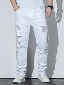 Manfinity 男士大尺碼帶口袋的破洞牛仔褲 - 白色 - 查看 7