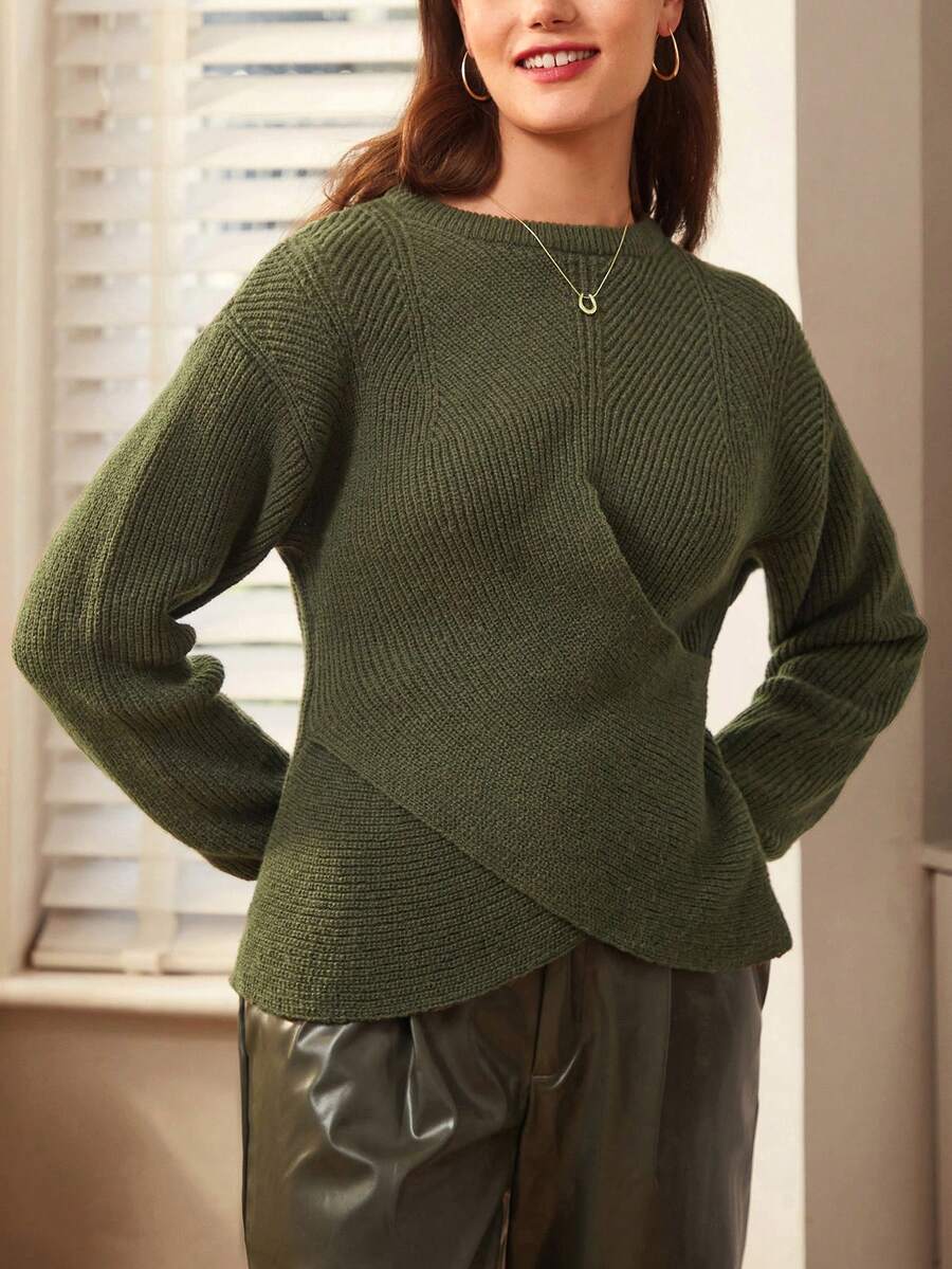 SHEIN Frenchy Thả vai Áo len - xanh quân đội - Xem 1