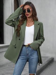 SHEIN LUNE Kẻ sọc Cổ tay áo Đôi ngực Áo vest - xanh quân đội - Xem 5