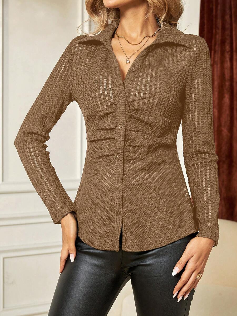 SHEIN Clasi Top Unicolore À Bouton À Ruché - Tabac - Voir 1