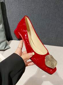 2025 Autumn Fashionable Classic Style Suede Upper With Metal Rhinestone Buckle Square Toe Chunky Heel Flat Shoes For Women - Red - View 6