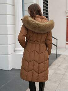 Anewsta 毛绒装饰连帽夹棉大衣 - 卡其色 - 查看 2