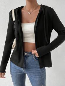 SHEIN Essnce Zip Up Drawstring Hooded Coat - Black - View 4