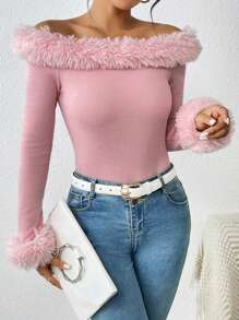 Allurite Fuzzy Trim Off Shoulder Ribbed Knit Tee - Pink - View 4