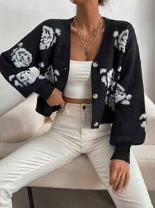 SHEIN Essnce Floral Pattern Drop Shoulder Cardigan - Black and White - View 4