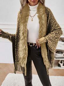 SHEIN Clasi Leopard Pattern Fuzzy Trim Fringe Hem Cardigan - Multicolor - View 3