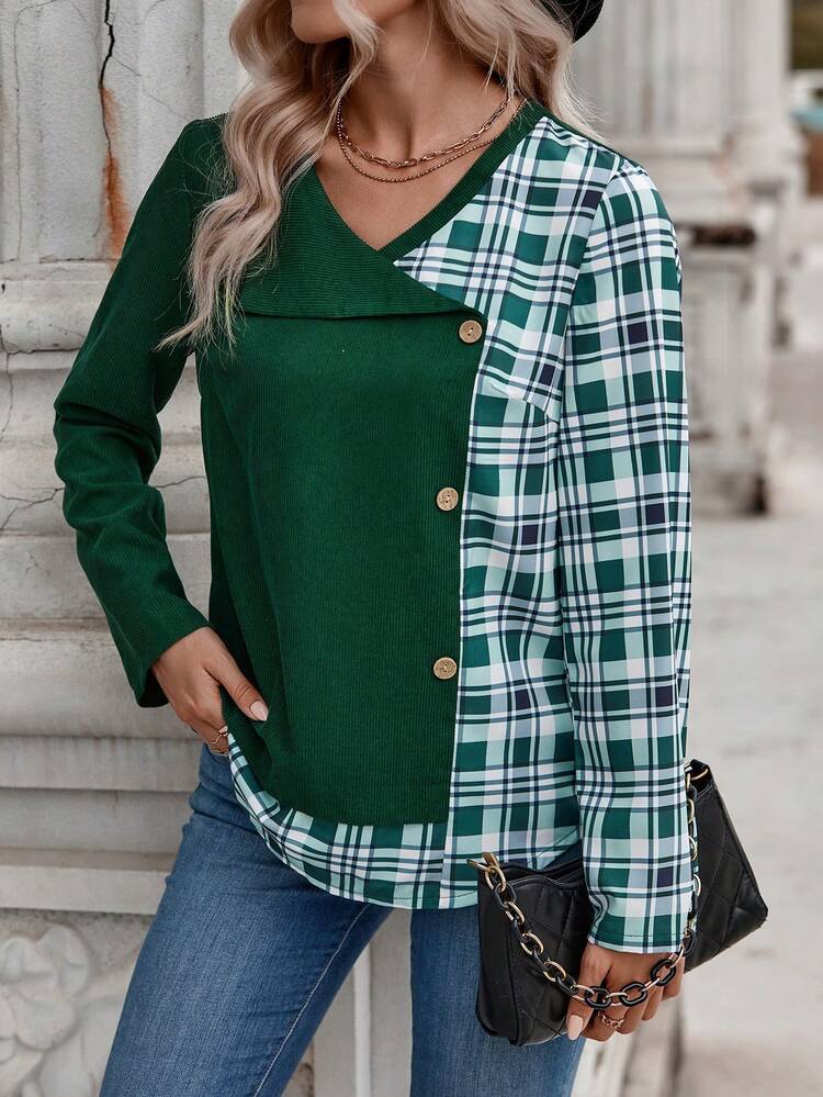 Plaid Print Button Detail V-neck Blouse