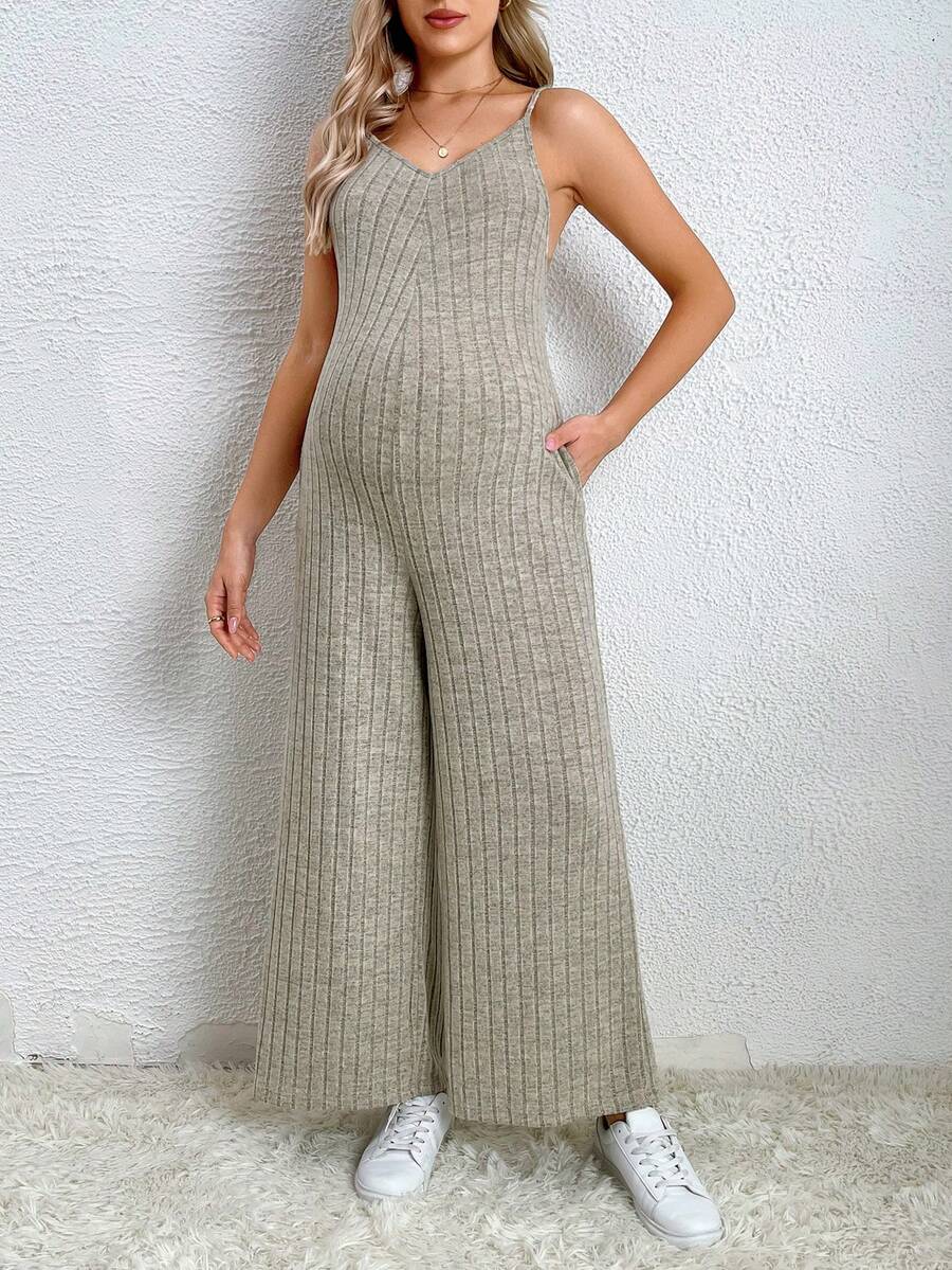 SHEIN Thai sản Đồ đan Ribbed Cami quần áo nịt rộng cho đùi - Màu be - Xem 1