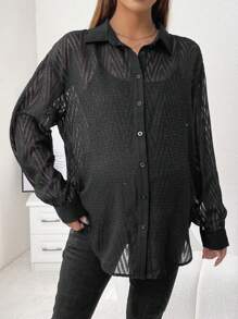 SHEIN 孕婦落肩袖前紐扣襯衫 - 黑色 - 查看 1