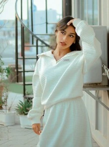 Mulvari Letter Patched Detail Drop Shoulder Sweatshirt & Skirt 2 Piece Set