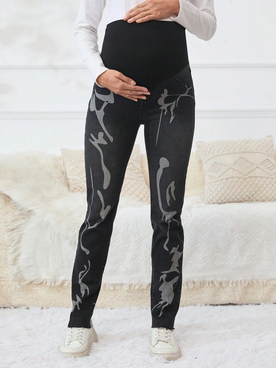 SHEIN Maternity Printed Jeans - Black - View 1