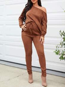 SHEIN Maternity Solid Asymmetrical Neck Tee & Adjustable Waist Leggings Set - Brown - View 3