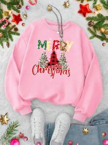 SHEIN LUNE 聖誕圖案落肩袖運動衫 - 粉色 - 查看 1