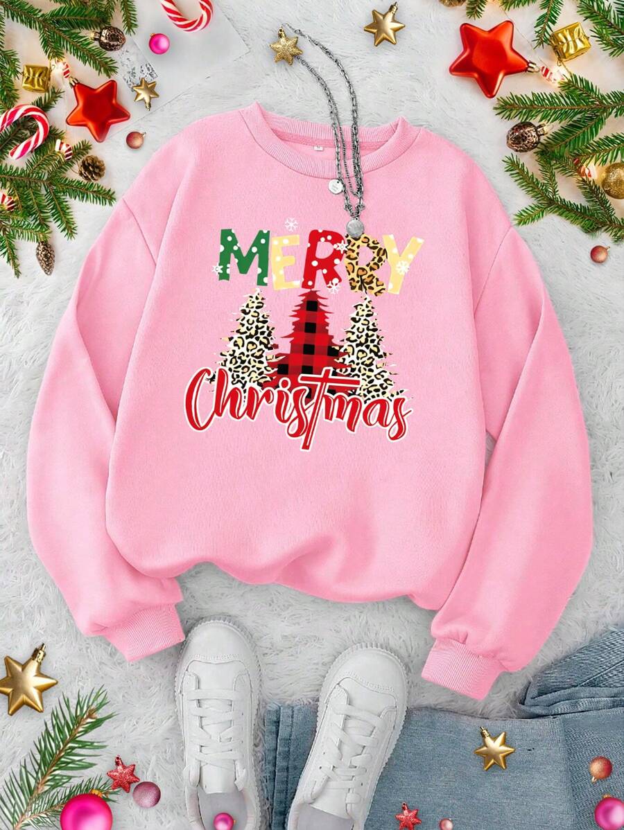 SHEIN LUNE 聖誕圖案落肩袖運動衫 - 粉色 - 查看 1