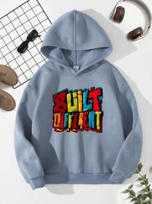 SHEIN 青少年男孩字母图案保暖内衬卫衣 - 霧霾藍 - 查看 1