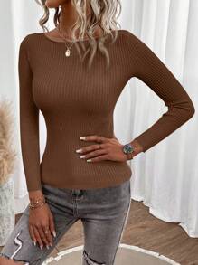 EURMUSE Solid Boat Neck Ribbed Knit Sweater - Coffee Brown - View 5