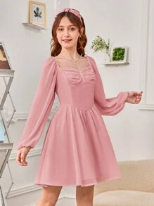 SHEIN Teen Girl Sweetheart Neck Ruched Bust Lantern Sleeve Dress