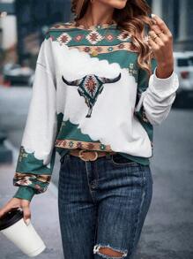 SHEIN LUNE Sudadera geométrico & con estampado de animal de hombros caídos - Verde - Ver 5