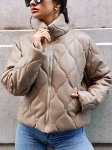EURMUSE Women'S Onion Shaped Quilted Padded Jacket - Beige - View 3