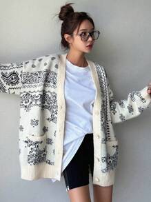 DAZY 佩斯利图案落肩开衫，女士深秋休闲口袋落肩 V 领宽松米色佩斯利女式开衫，休闲日常穿着，长袖上衣夹克 - 米色 - 查看 5