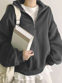 DAZY Áo nỉ lót nhiệt cỡ lớn có khóa kéo nửa vai thả, áo dài tay - Xám - Xem 3